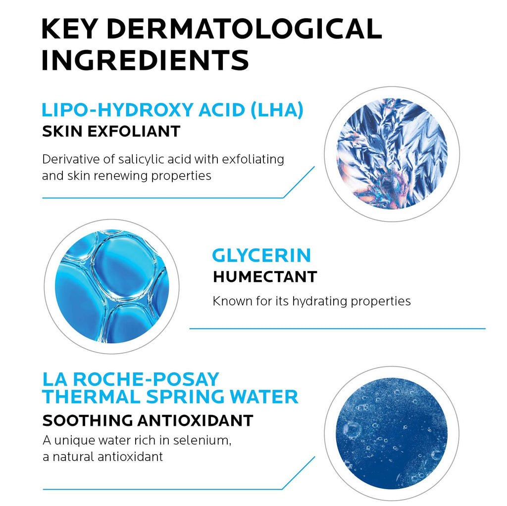 Key ingredients infographic for La Roche-Posay toner: LHA, glycerin, and soothing water
