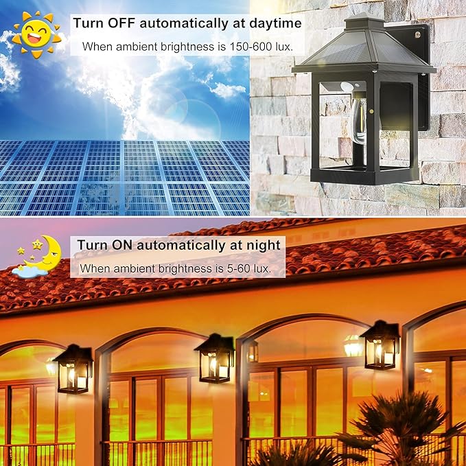 Black outdoor solar wall lantern with glass enclosure and projecting solar panel