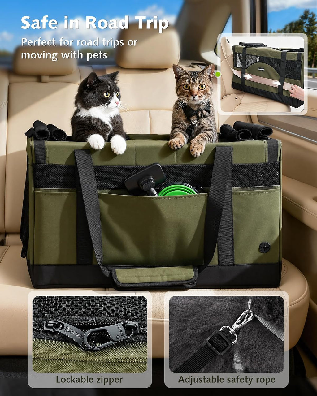 Green double cat carrier with mesh panels, front pocket, carrying straps and safety tethers
