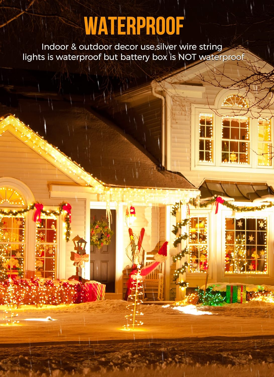 Warm white fairy string lights along outdoor house windows and eaves for Christmas.