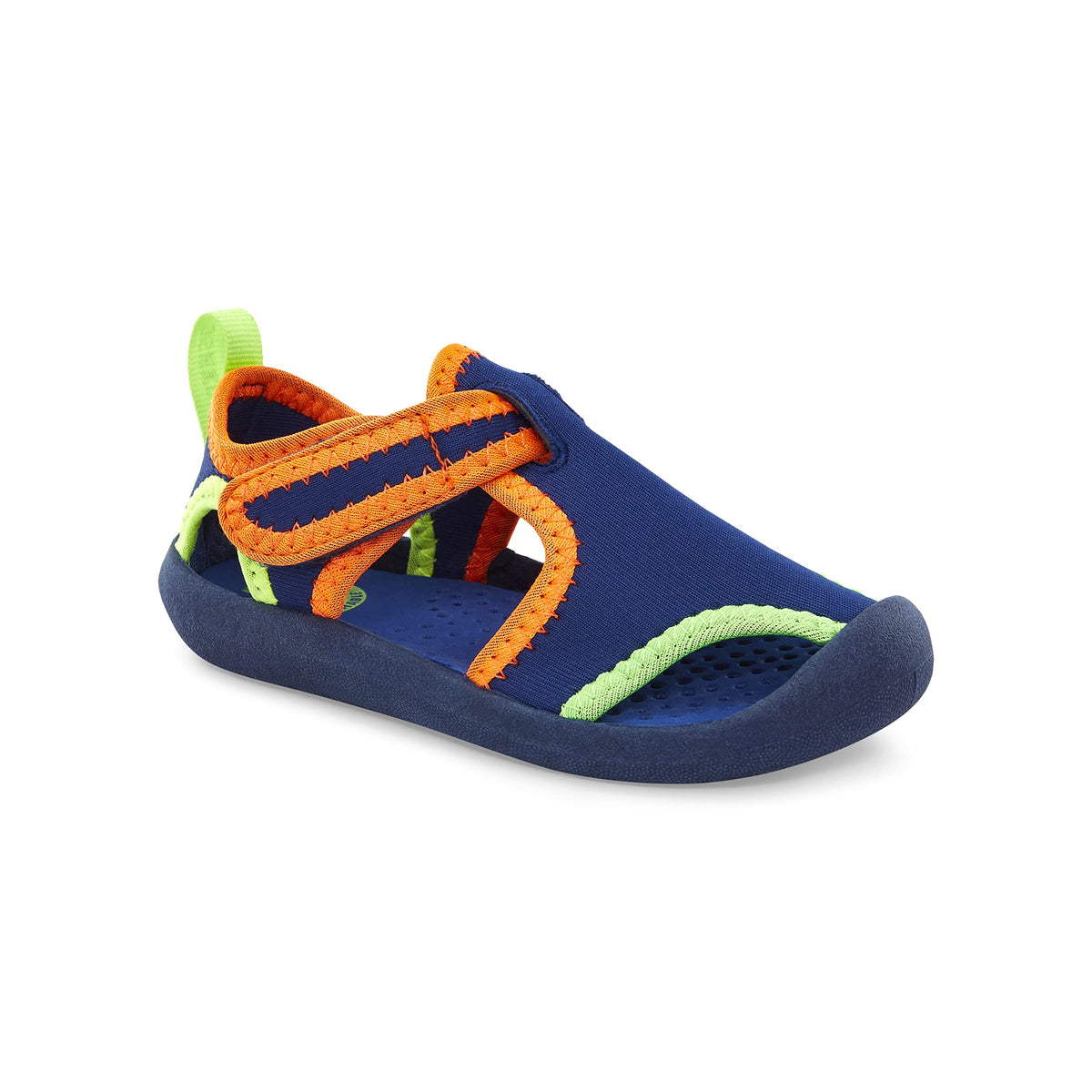 Boys water shoe in dark navy with orange and neon green hook-and-loop straps