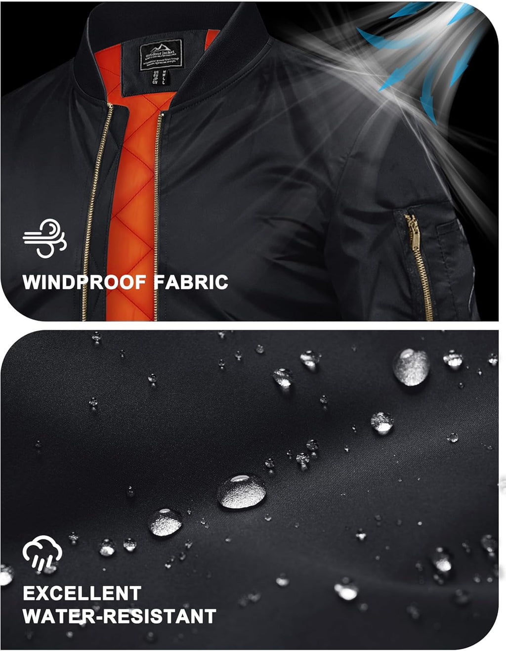Men’s black bomber jacket close-up, full zip, gold arm pocket zipper, orange lining.