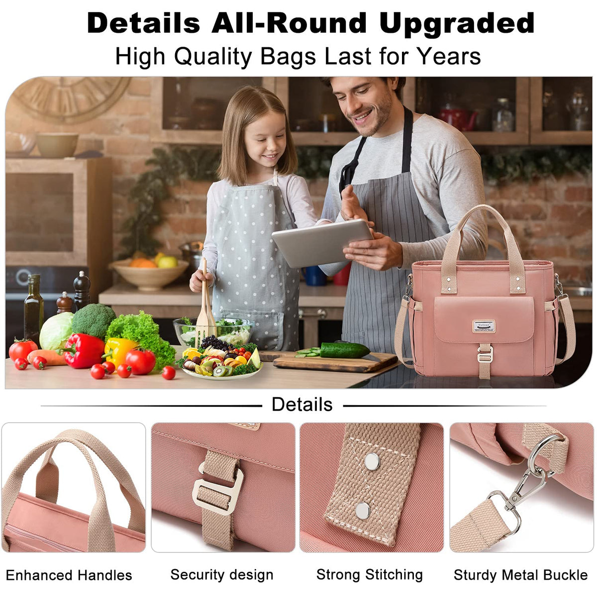 Pink lunch tote with reinforced handles, secure strap buckle, sturdy stitching, and metal hardware