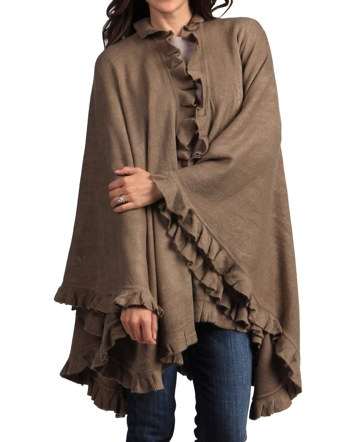 Mocha knit poncho cape with open front and layered ruffle trim, draped wrap silhouette