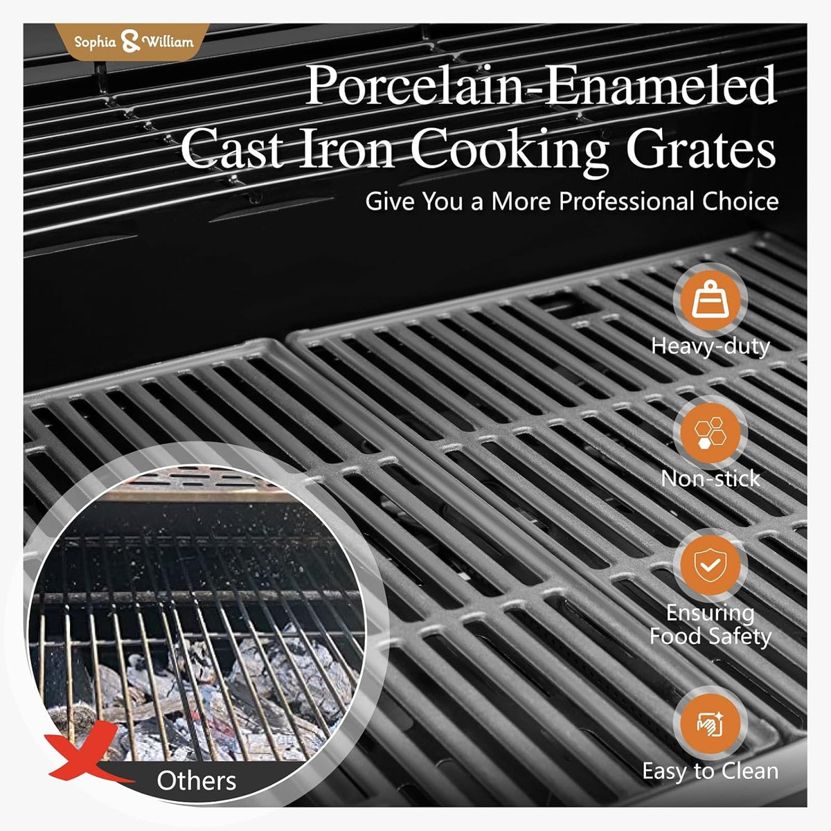 Porcelain-enameled cast iron grill grates with nonstick heavy-duty design