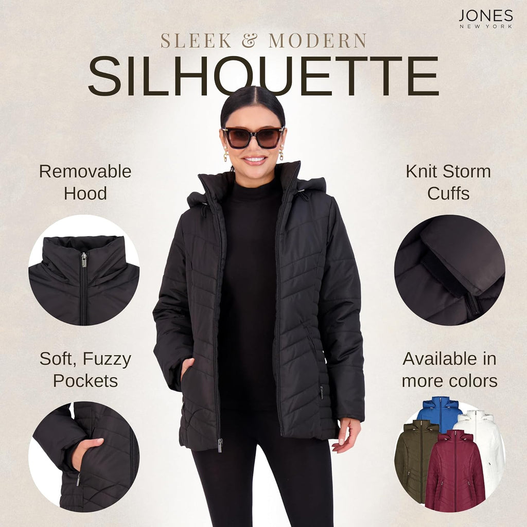 Women’s black puffer jacket with removable hood, knit storm cuffs, and zip front