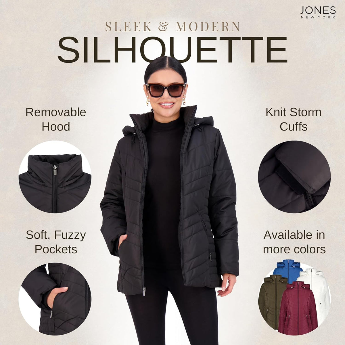 Women’s black puffer jacket with removable hood, knit storm cuffs, and zip front