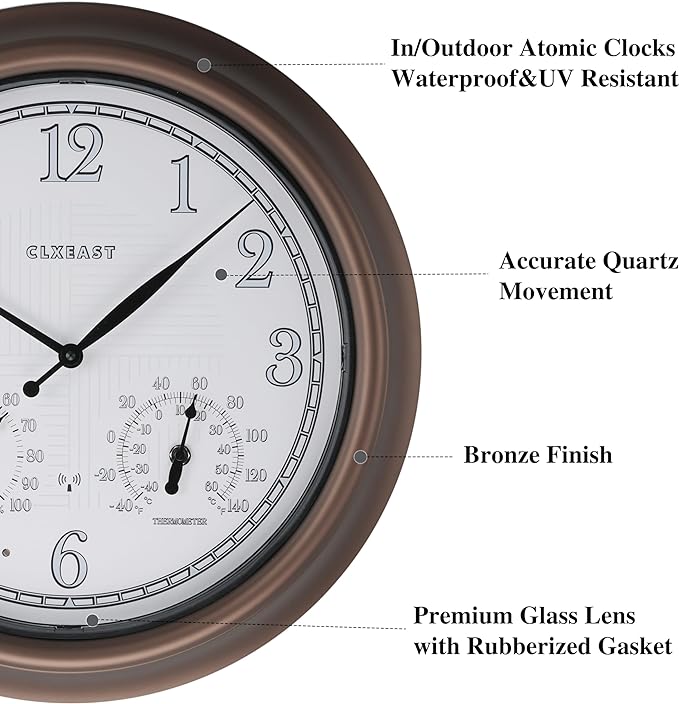 Bronze outdoor analog wall clock with black hands and temperature/humidity thermometer scale