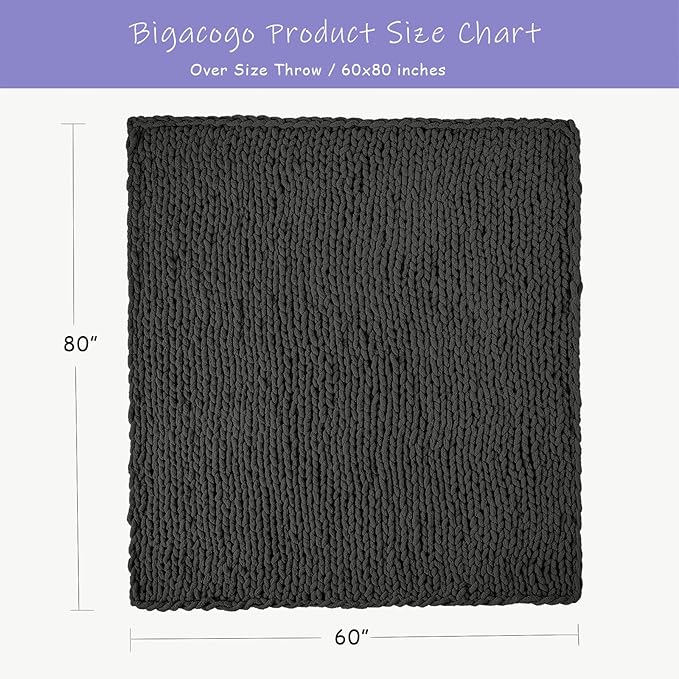 Dark grey square chunky knit throw blanket, 60x80 inch size, textured stitch pattern.