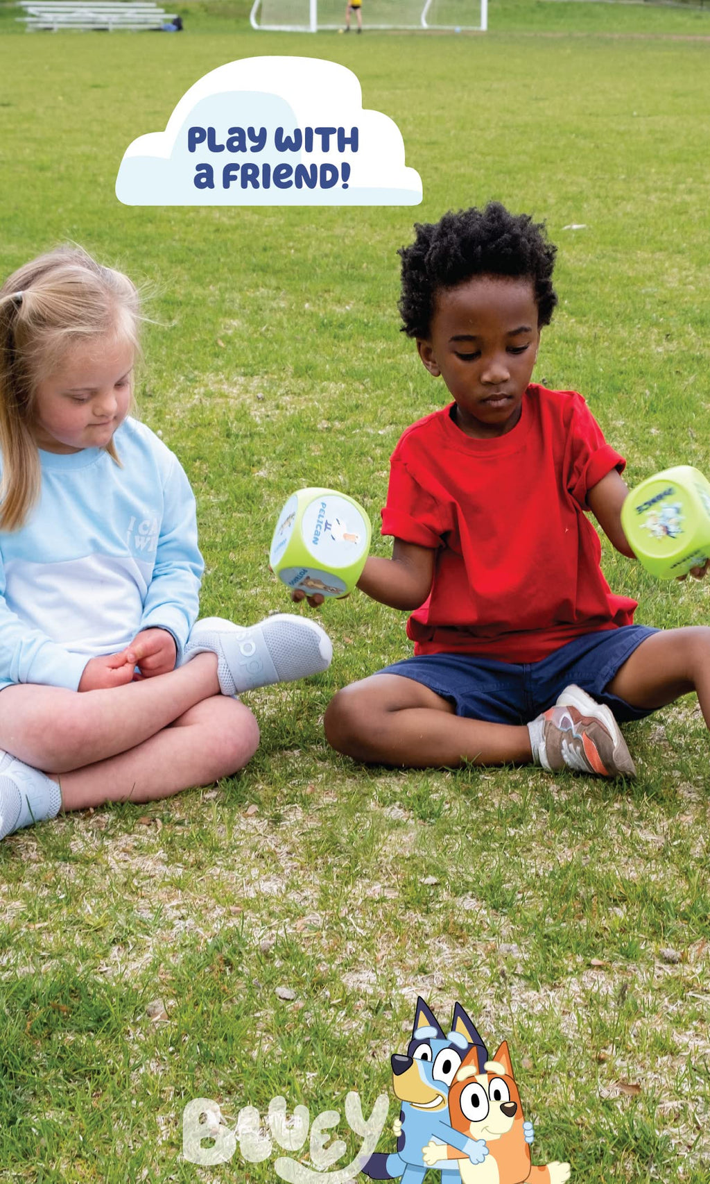 Children playing with large action dice on grass, Bluey Wackadoo workout dice theme.