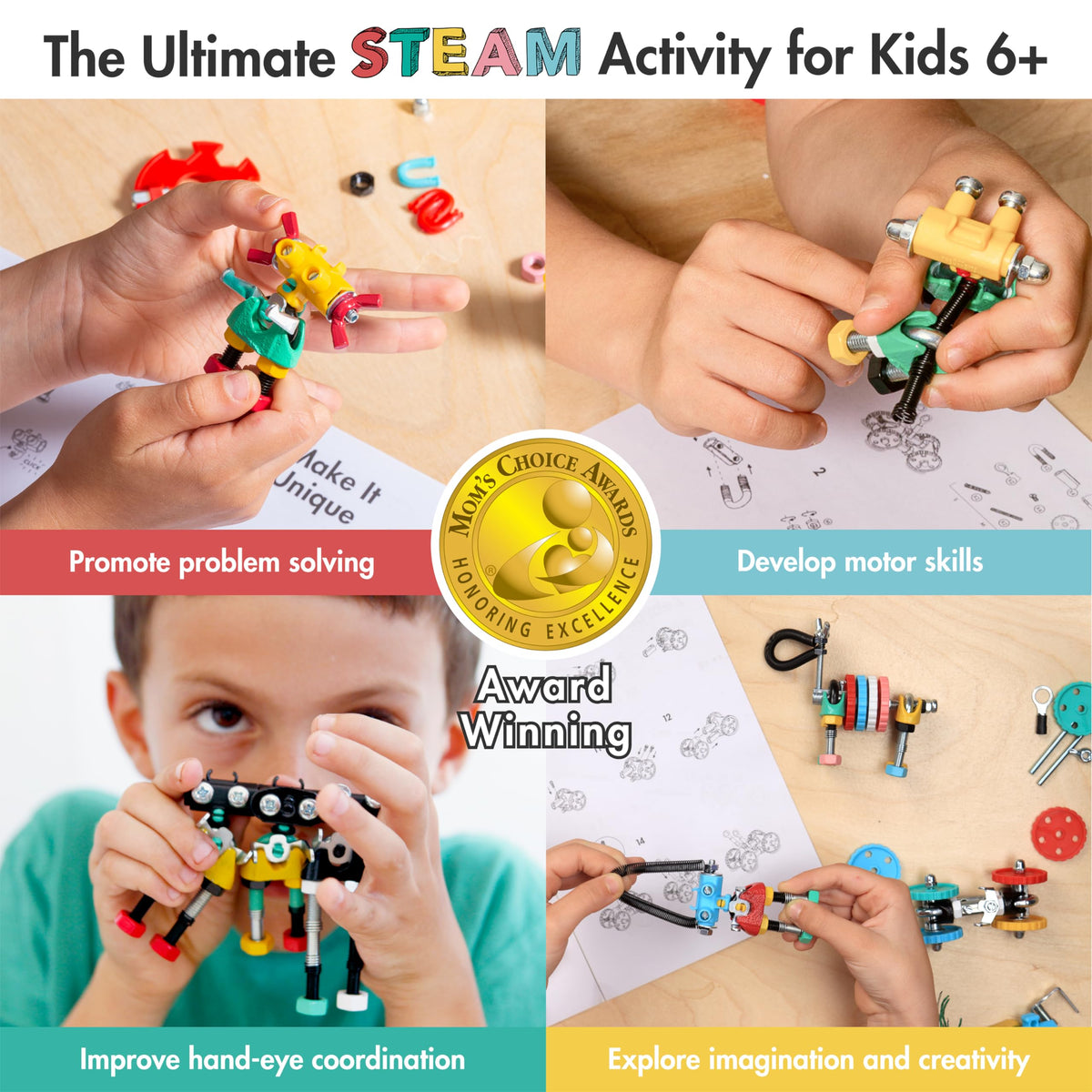 Montessori DIY robot kit, hands assembling colorful robot parts on a play mat