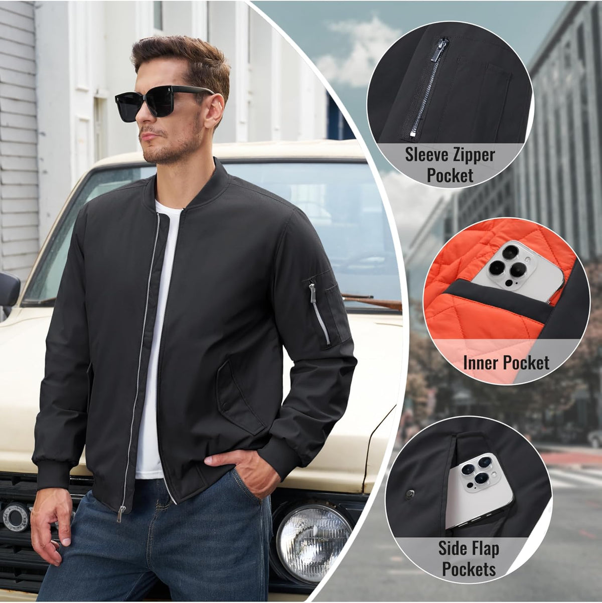 Men's black bomber jacket with full-zip front, sleeve zipper pocket and inner phone pocket