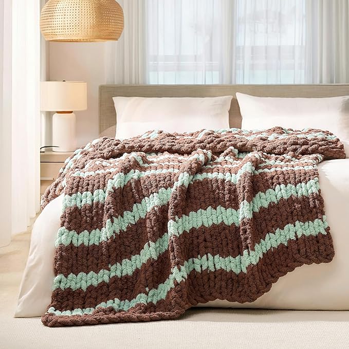 Brown and mint chunky chenille knit throw with thick cable stripes