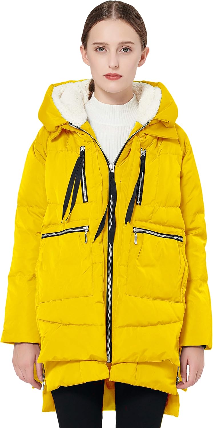 Yellow hooded down jacket with faux-fur lined collar, zip front, and drawstring ties