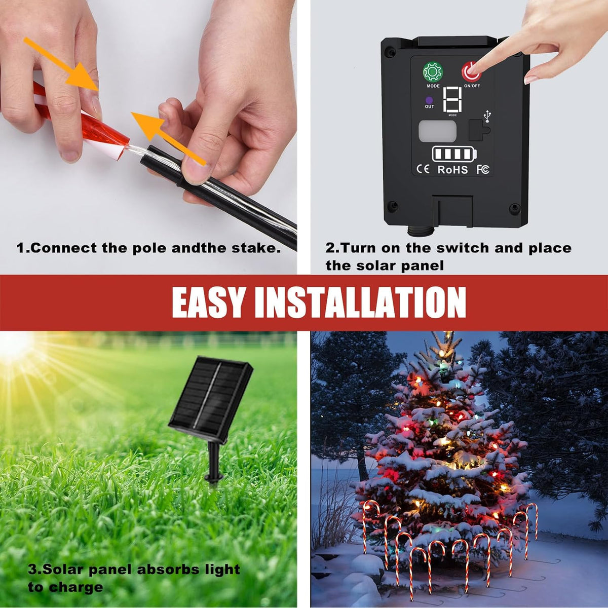 Candy cane solar lights with solar panel and stake shown for easy installation