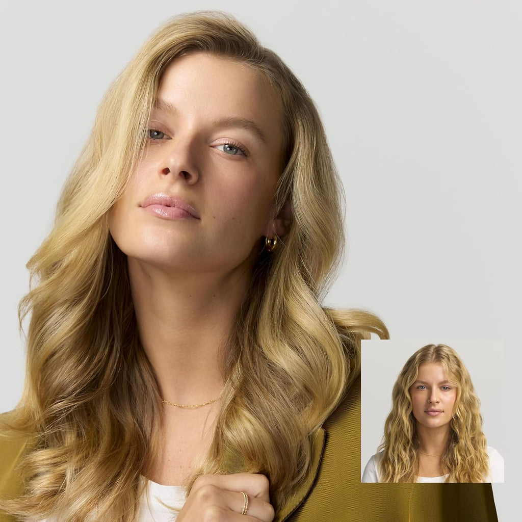 Woman with long wavy blonde hair styled with multi-styler, close-up portrait
