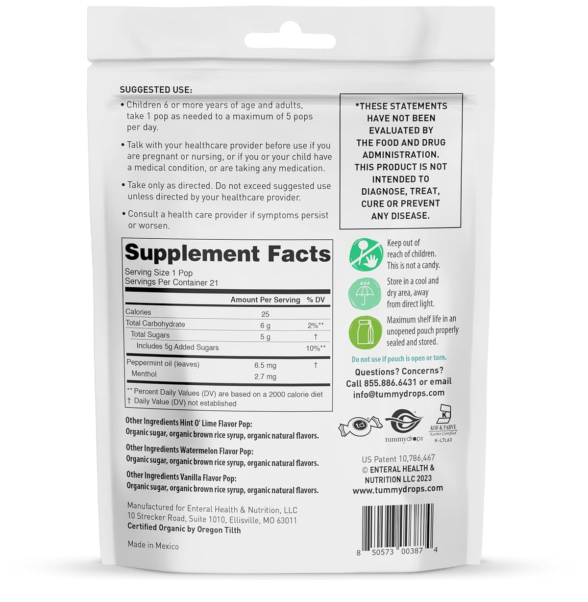 Supplement Facts panel on back of white supplement pouch with nutrition table and directions