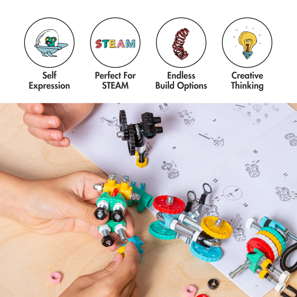 Montessori DIY robot kit, child assembling small robot components on an instruction sheet