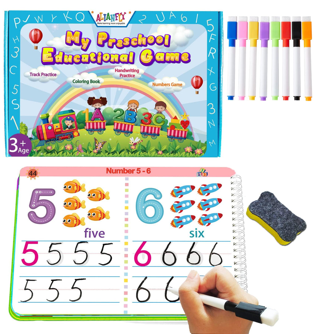 Preschool learning workbook open to number practice 5 and 6, with writing pencil and eraser.