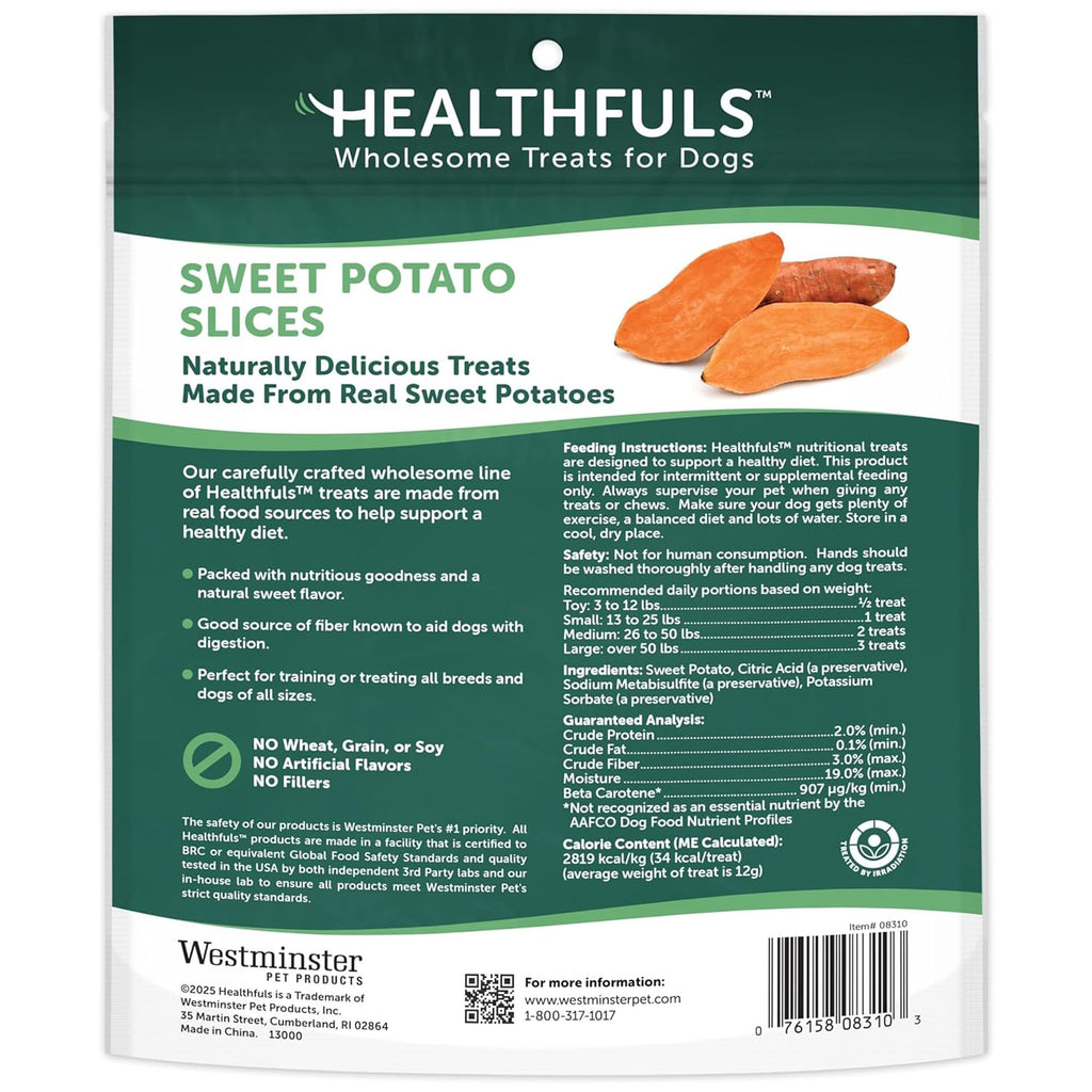 Healthfuls Sweet Potato Slices dog treat bag back with ingredients and feeding info
