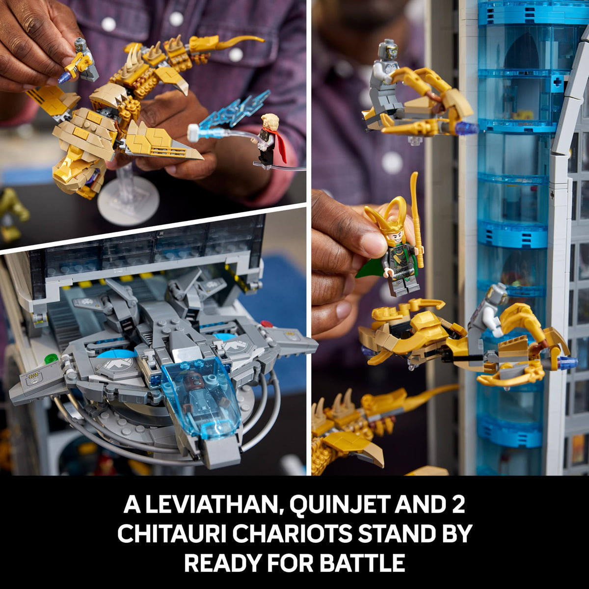 Hands building a LEGO Avengers tower interior with gray structures and minifigures