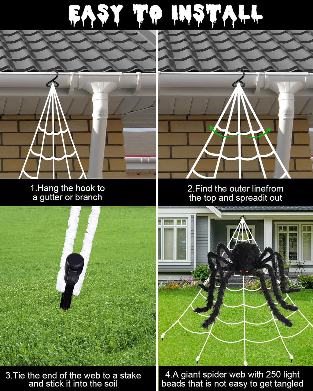 Setup steps for spider web LED lights showing hanging, spreading, and staking instructions