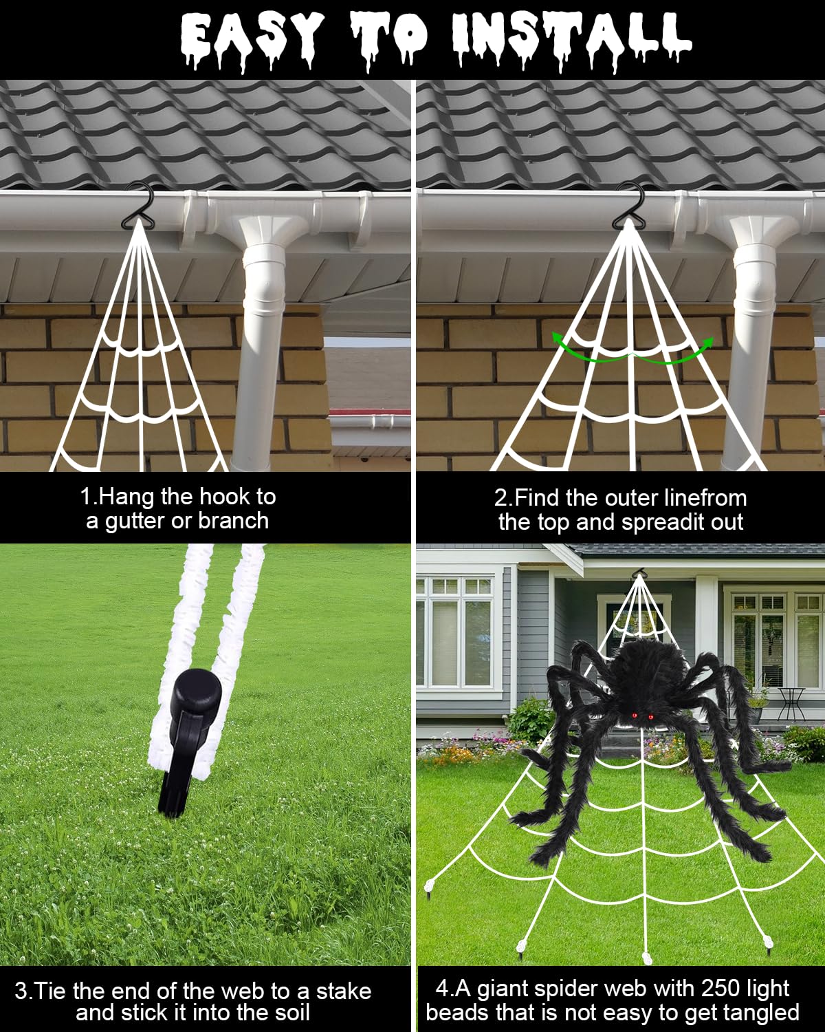 Setup steps for spider web LED lights showing hanging, spreading, and staking instructions