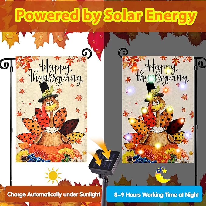 Solar-powered Thanksgiving yard flag with turkey and warm LED light accents