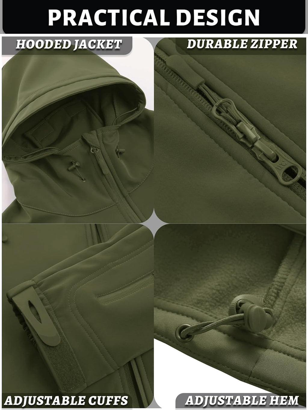 Men's olive green hooded soft shell jacket with durable zipper, adjustable cuffs and hem