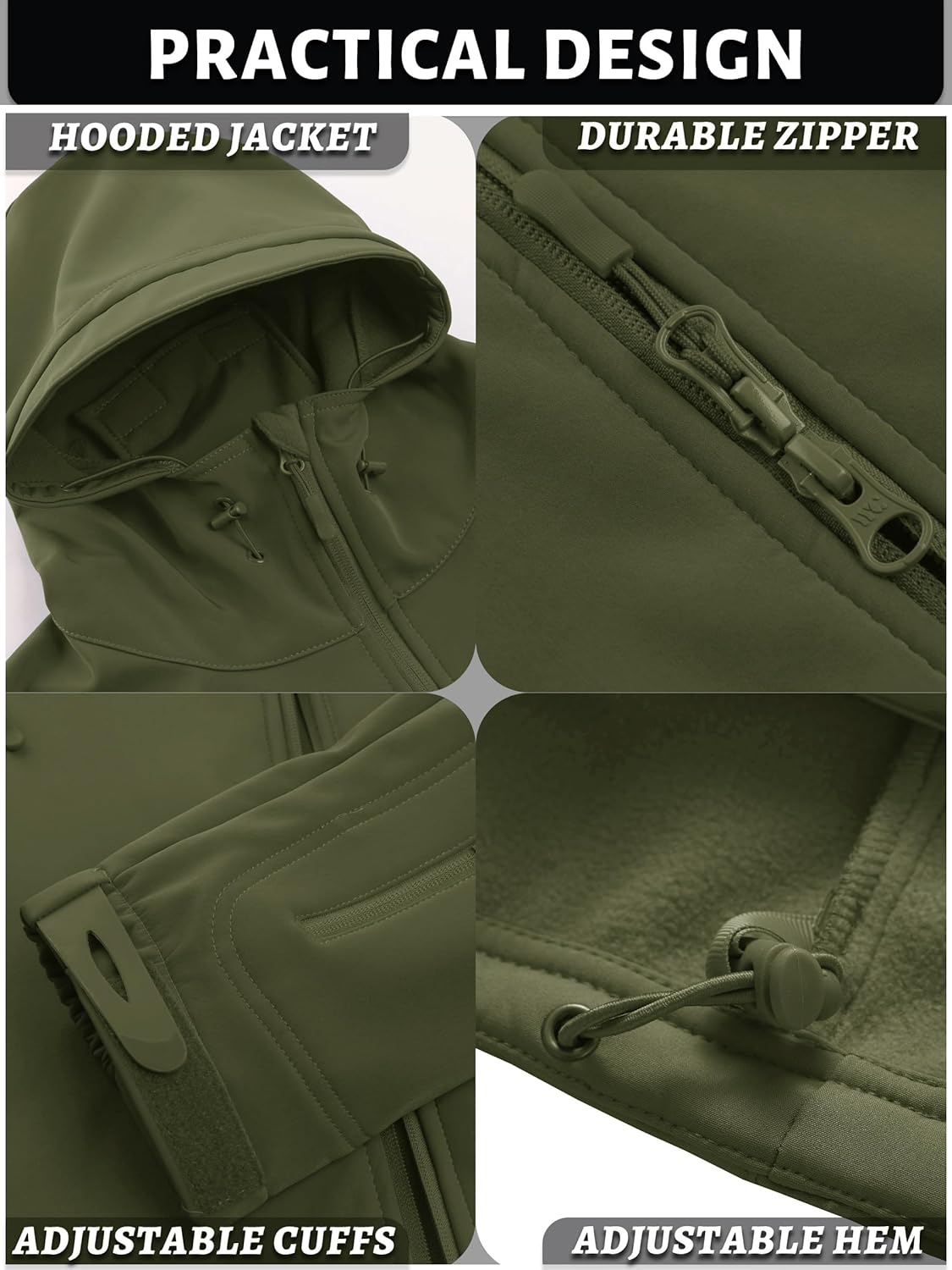 Men's olive green hooded soft shell jacket with durable zipper, adjustable cuffs and hem