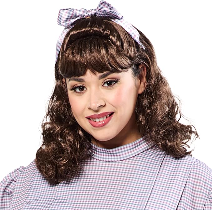 Plaid high-neck dress with bow headpiece; red accents near waist