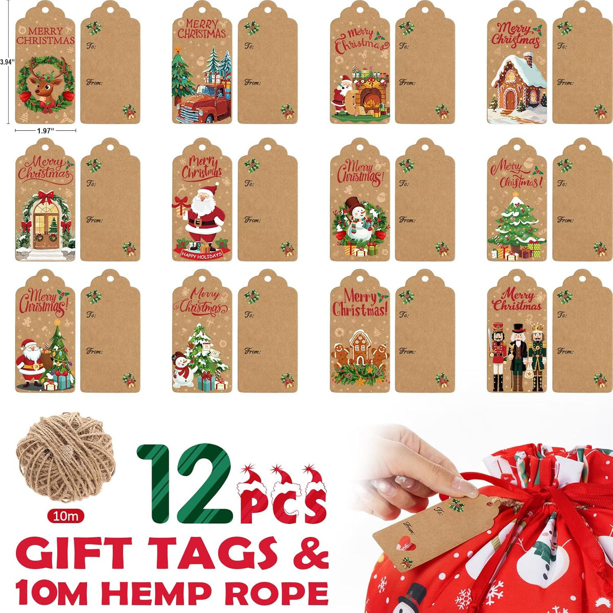 Christmas gift tags set with kraft cards and hemp rope, 12 pieces
