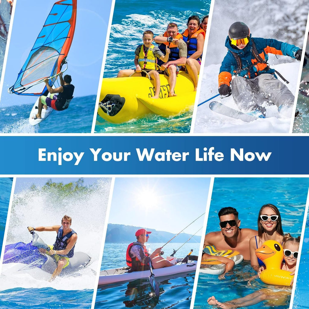 Water sports collage for using a waterproof floating phone pouch at the beach and on boats