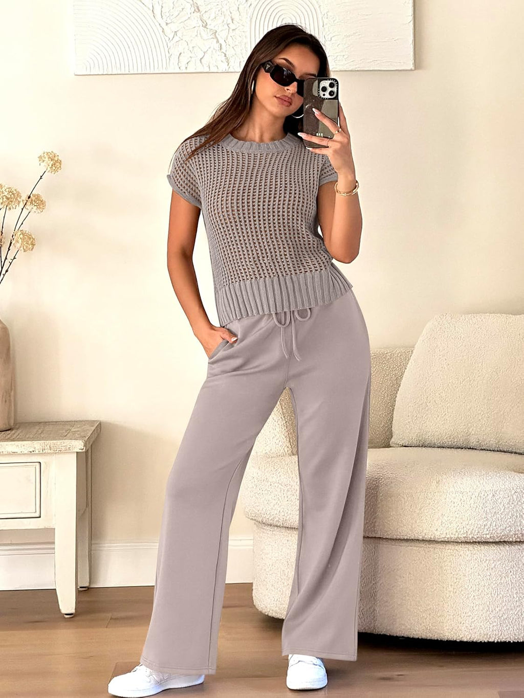 Women's crochet knit sweater top and wide-leg pants set, light gray, short-sleeve