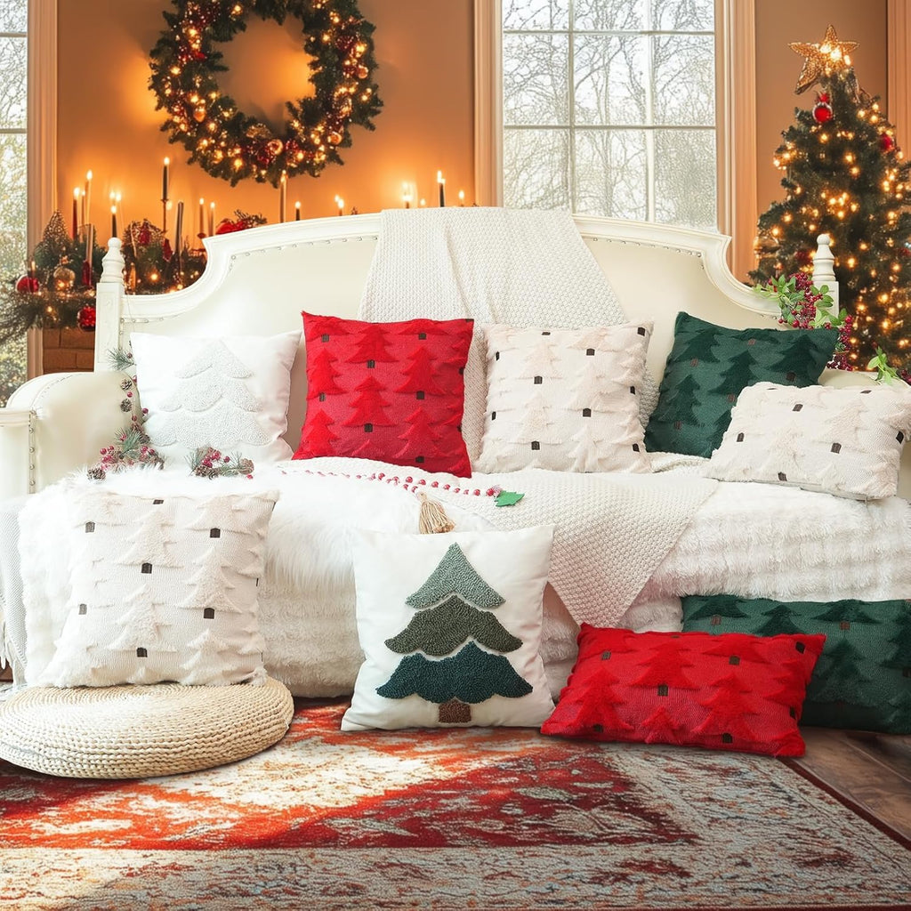 Christmas pillow covers collage with mixed red, green, and white designs on a sofa