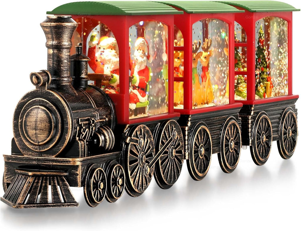 Lit Christmas train snow globe lantern with Santa scene, glittering red windows
