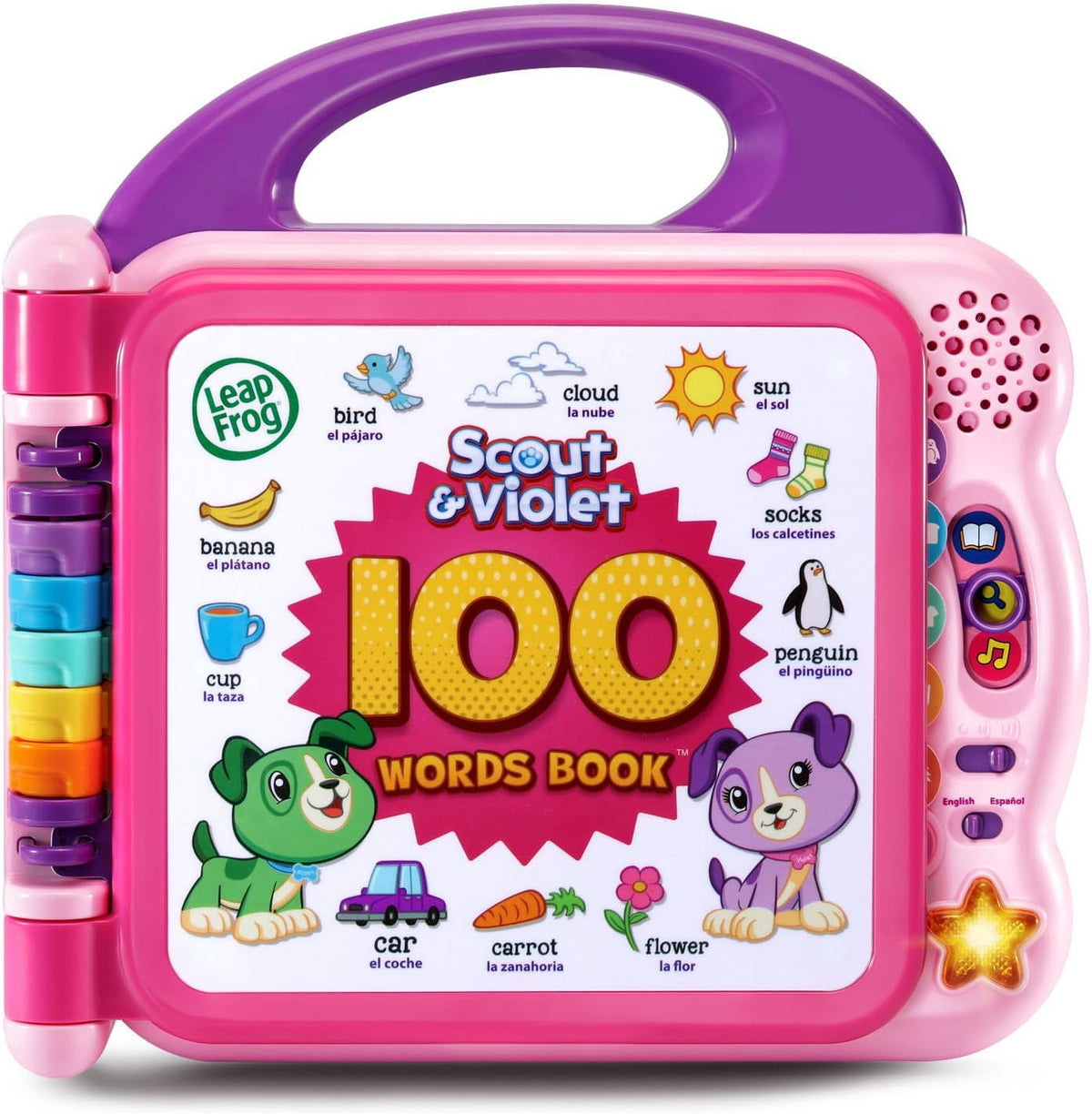 LeapFrog 100 Words book with handle, Scout & Violet 100 Words cover, pink and purple