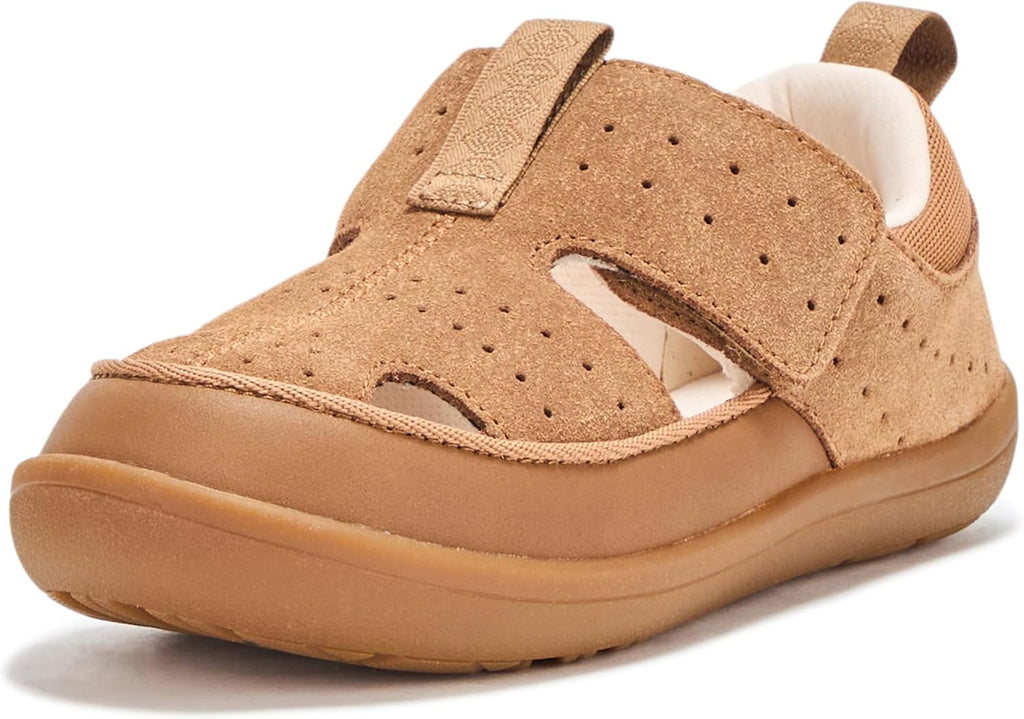 UGG baby sandal chestnut suede front view with double straps, perforations, and soft lining