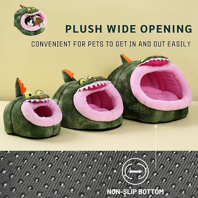Set of green plush pet hideout tents with pink oval door openings