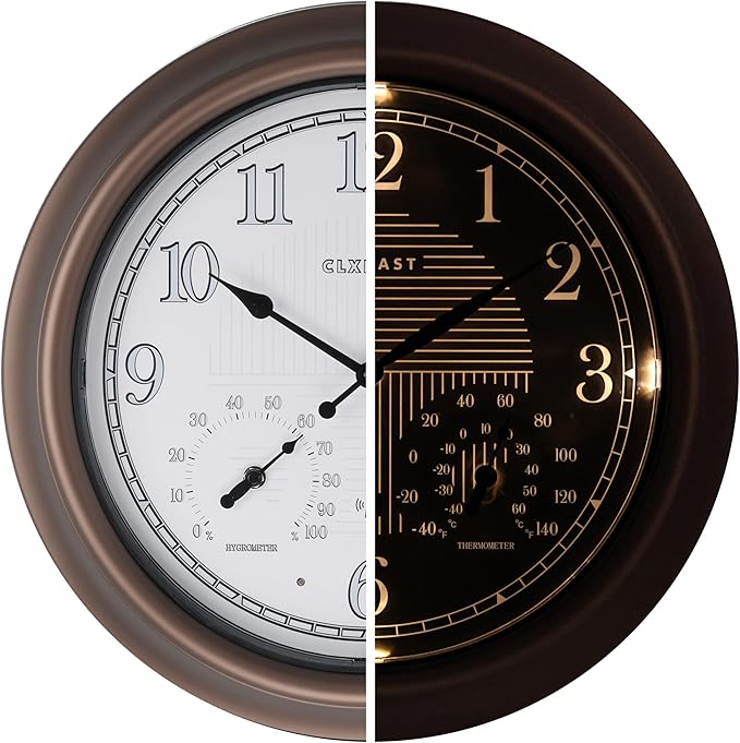Bronze atomic analog wall clock with illuminated hands and temperature/humidity dials