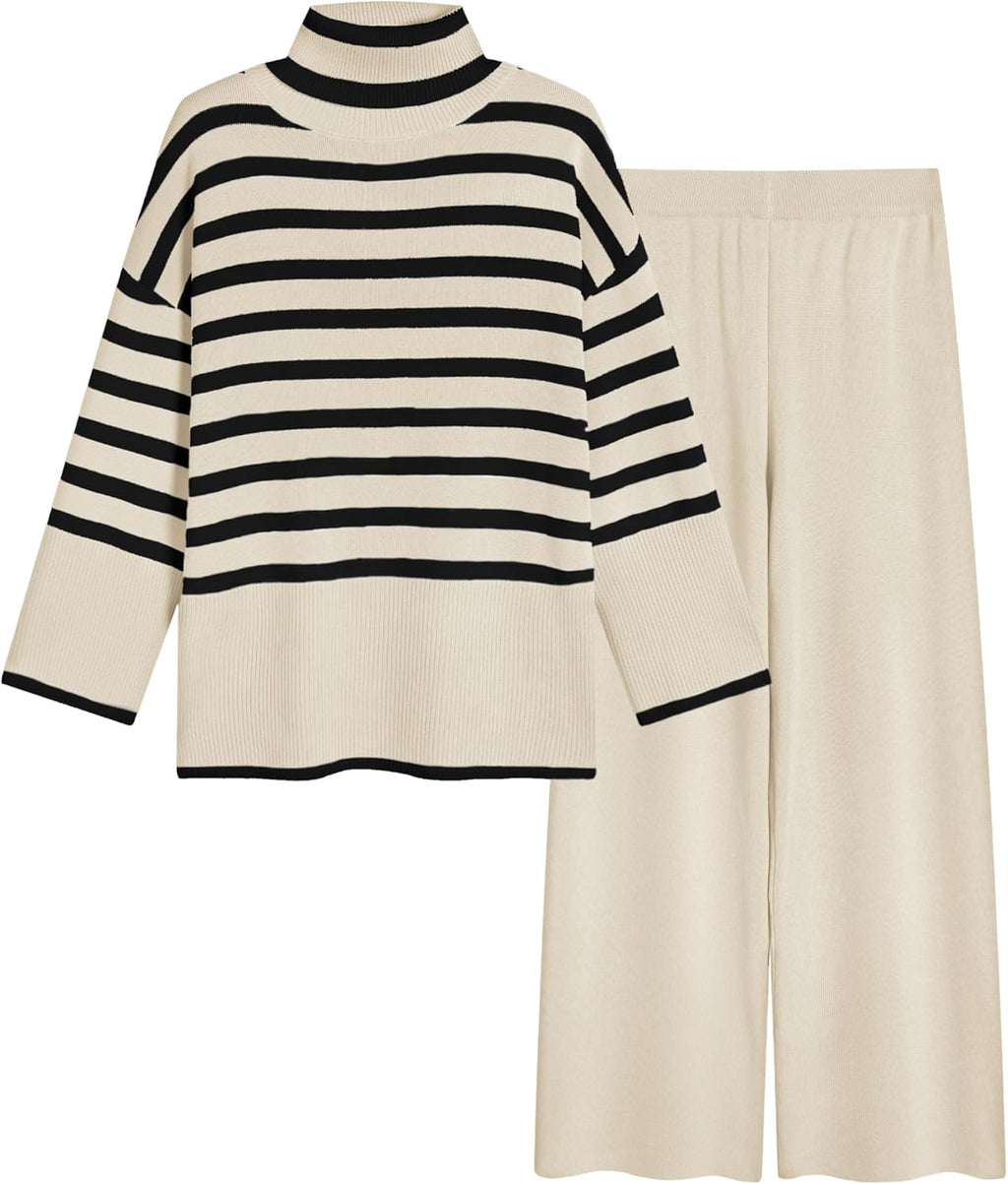 Women’s striped knit sweater and wide-leg pants set, cream with black stripes