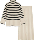 Women’s striped knit sweater and wide-leg pants set, cream with black horizontal stripes