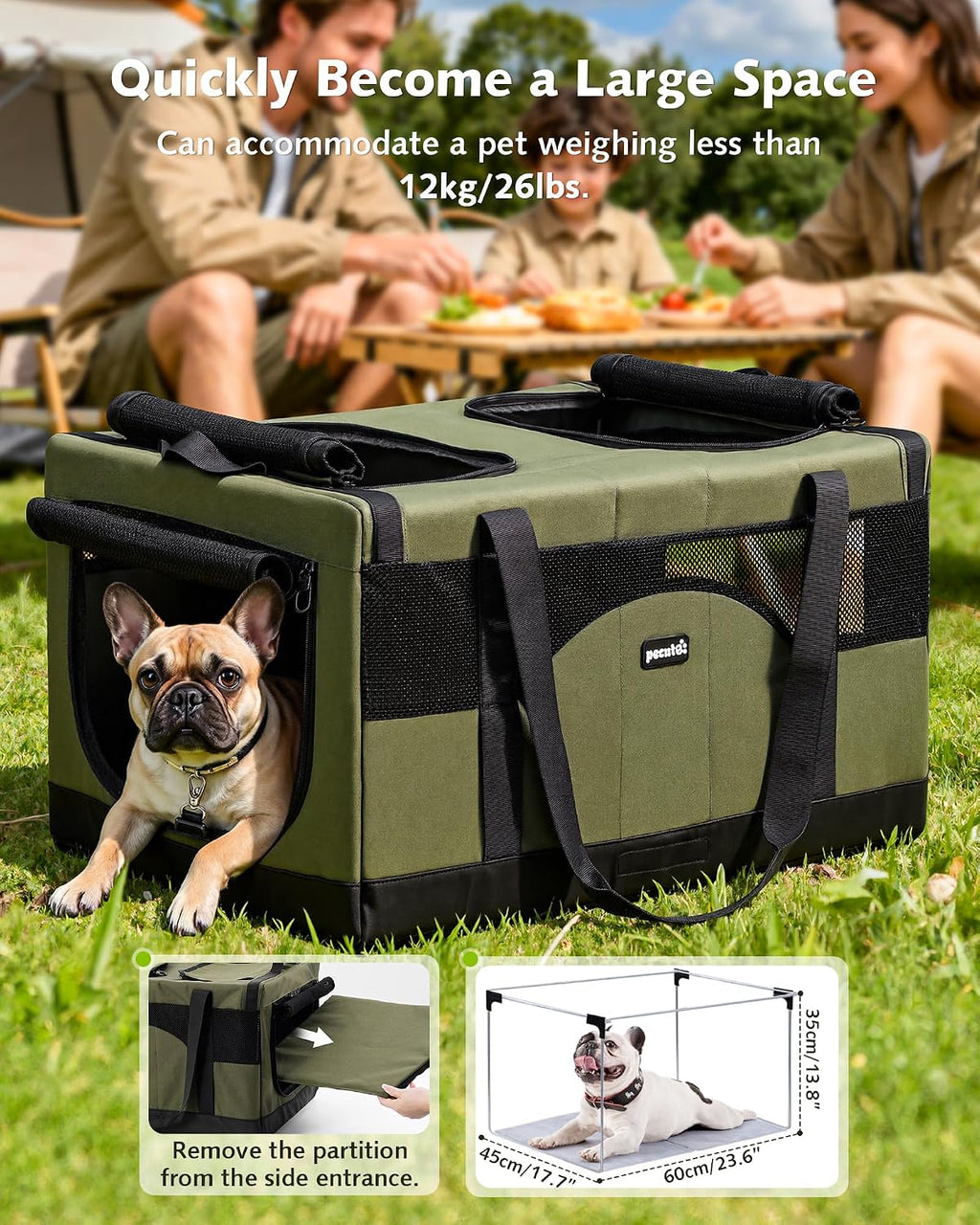 Green double pet carrier with removable divider and mesh side entrance