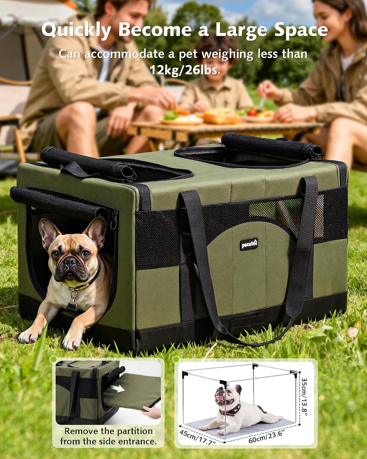 Green double pet carrier with removable divider and mesh side entrance