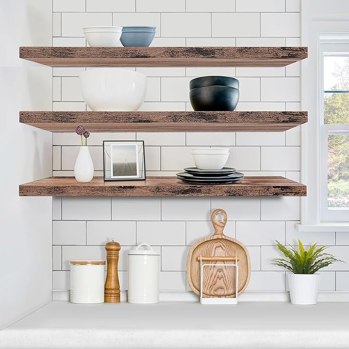 Two-tier mahogany floating wall shelves with bowls, decor, and kitchen items