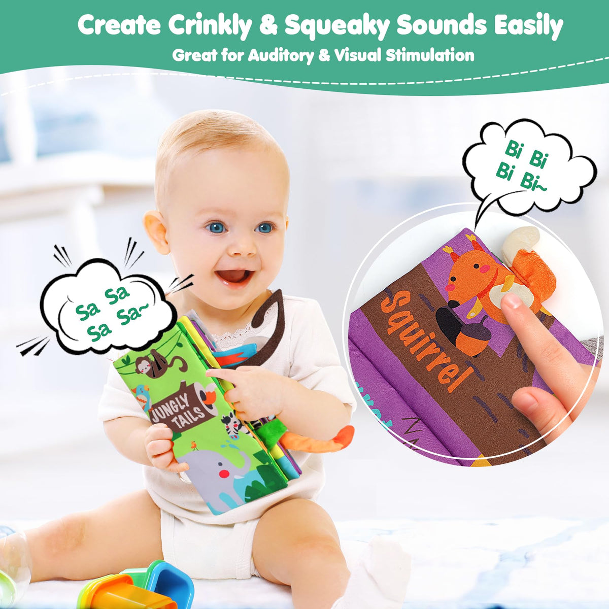 Baby holding touch-and-feel animal tail soft book with crinkle and squeaky sounds