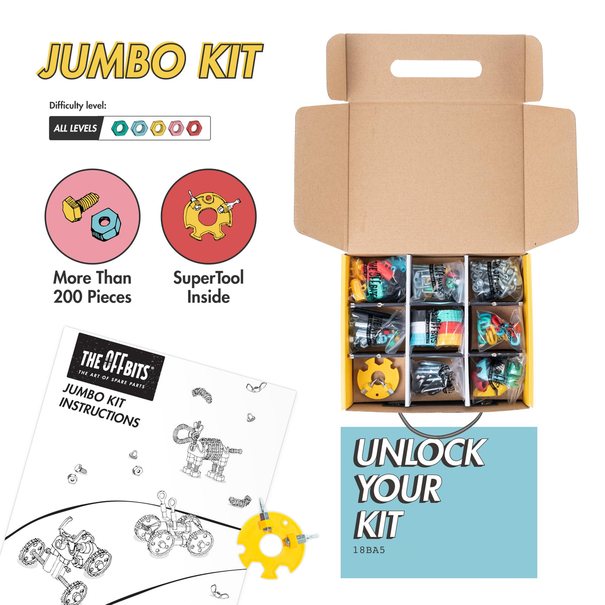 Montessori DIY robot kit box open with organized parts compartments and instruction sheets