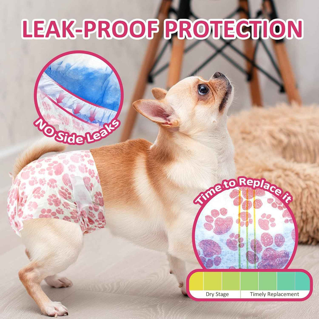 Pink paw-print dog diaper modeled on a small dog, with leak protection detail.