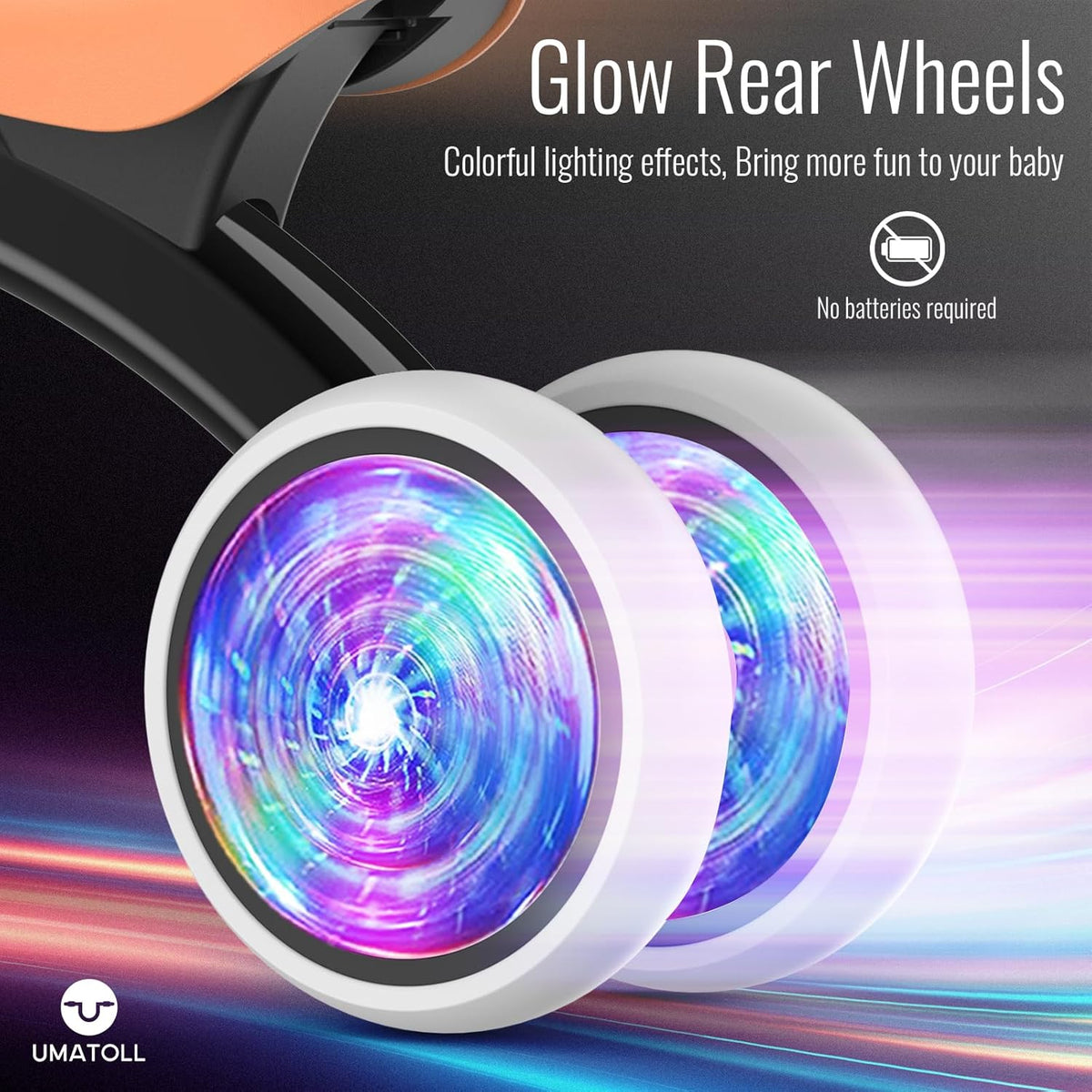 Close-up of glowing purple LED rear wheel on a black toddler balance bike