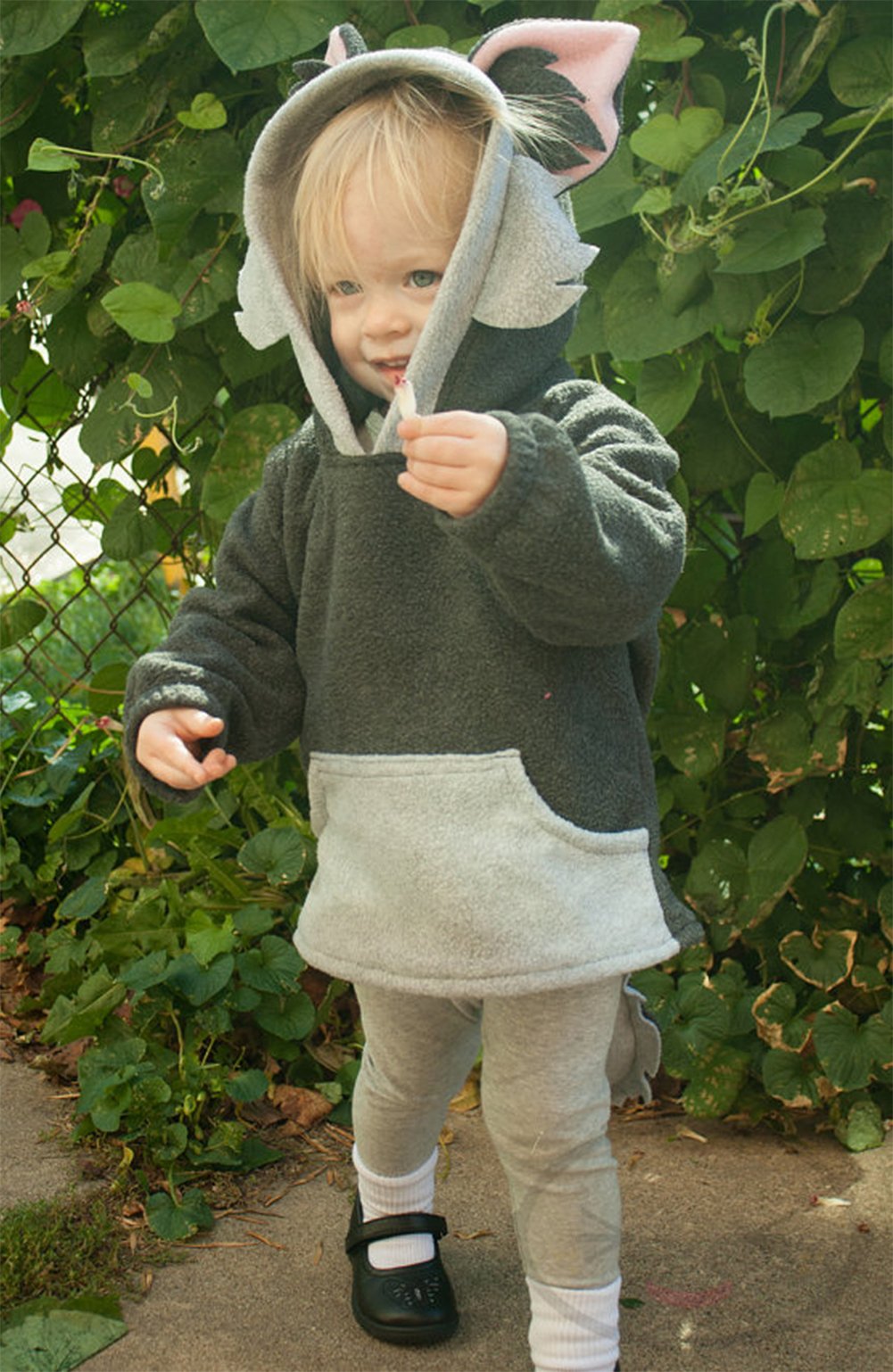 Grey unisex baby pullover hoodie worn outdoors, animal hood ears and pocket